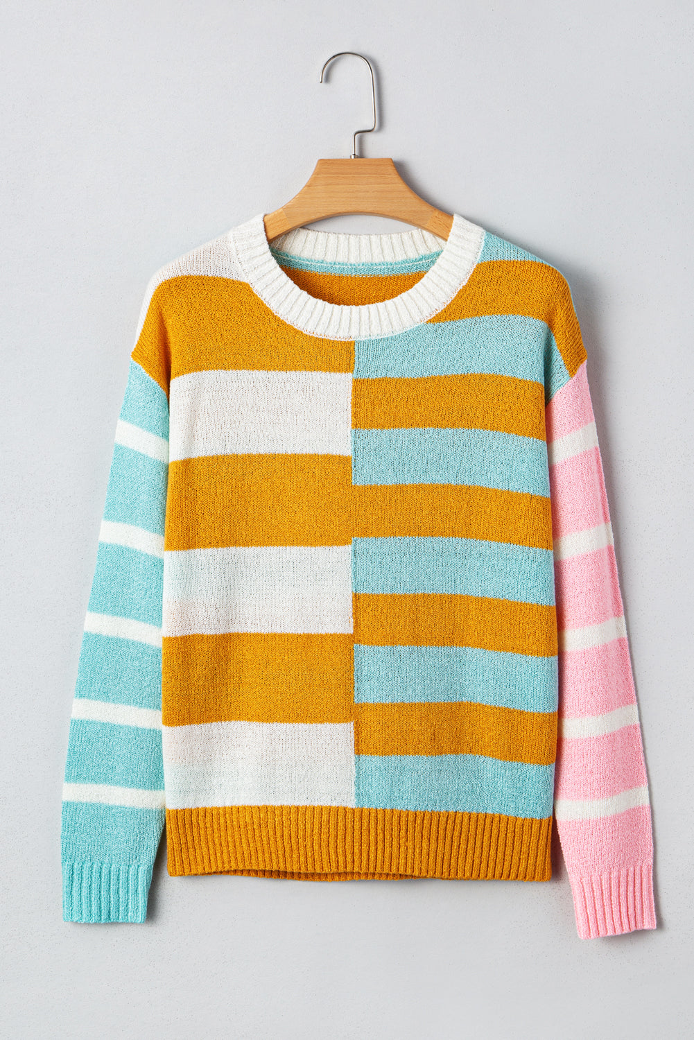 Gold Color Block Striped Sweater – Women’s Knit Crew Neck Pullover, Trendy Fall Oversized Stripe Boutique Sweater Top
