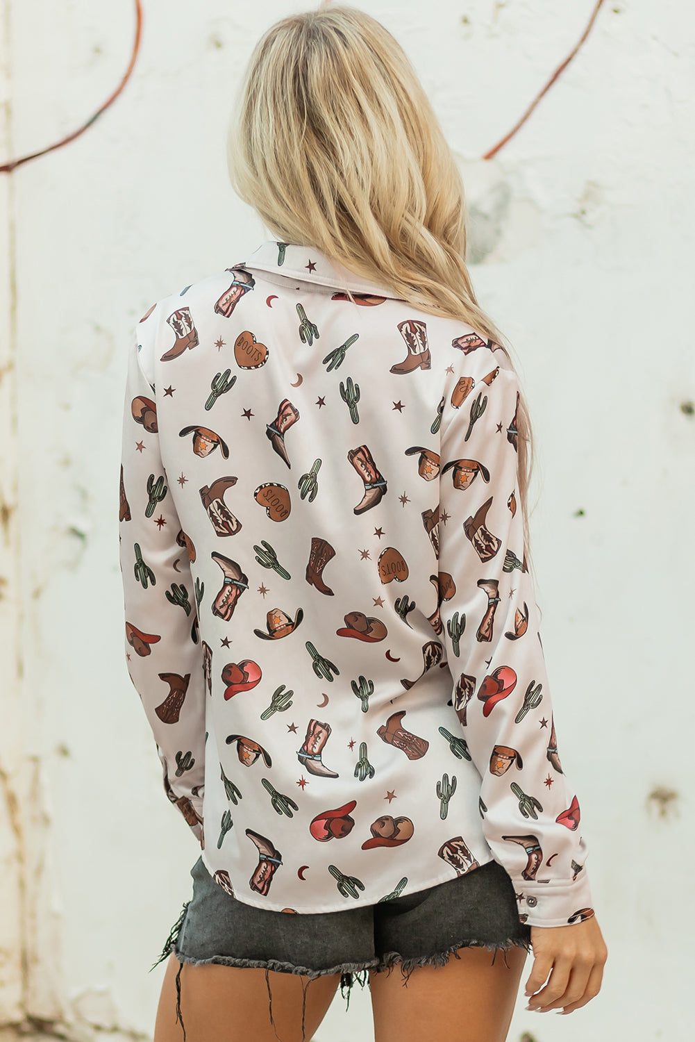 Women’s White Western Print Button Up Shirt – Cowgirl Boots Blouse, Casual Rodeo Top