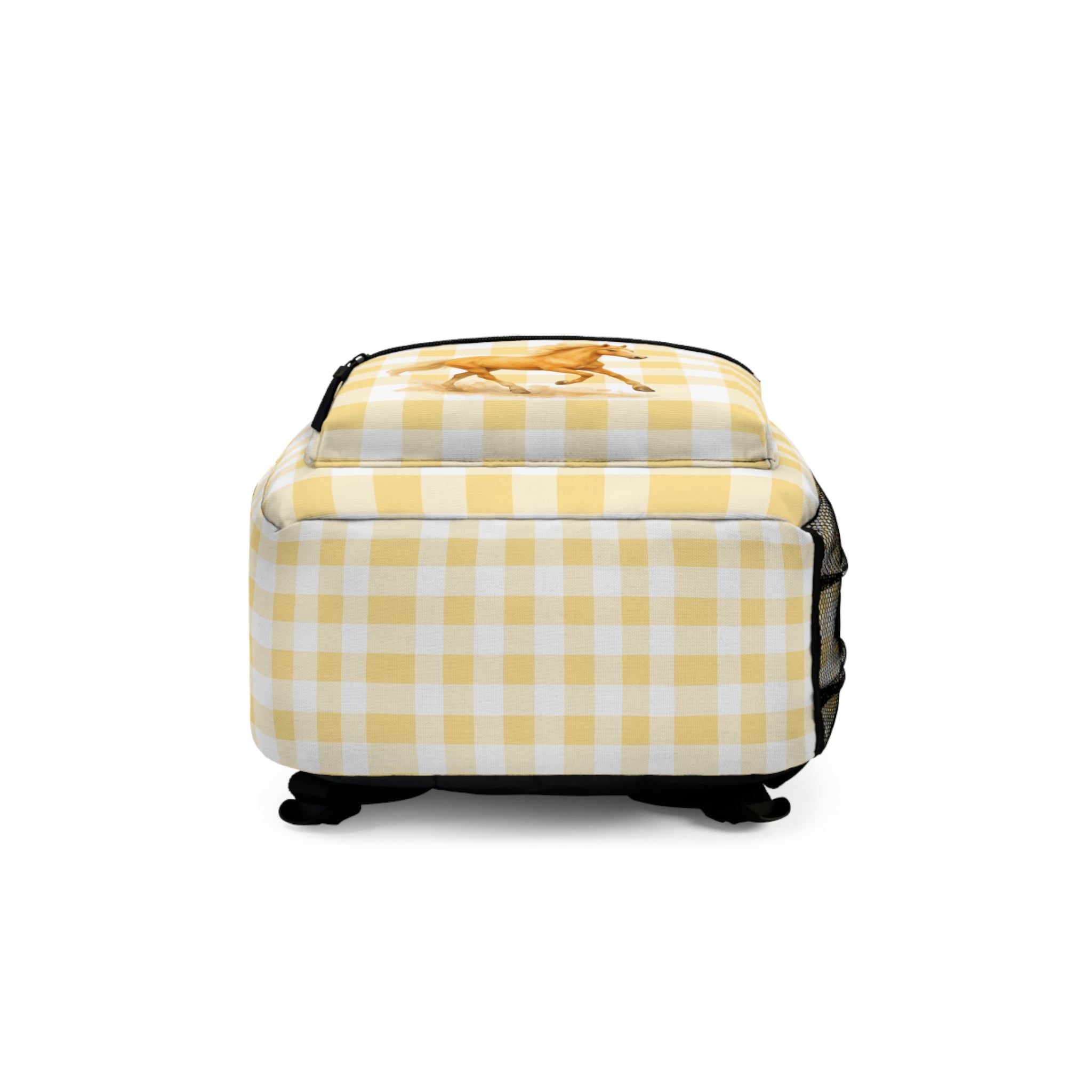 Palomino Horse Print Backpack, Yellow Plaid Custom Name Kids School Bag