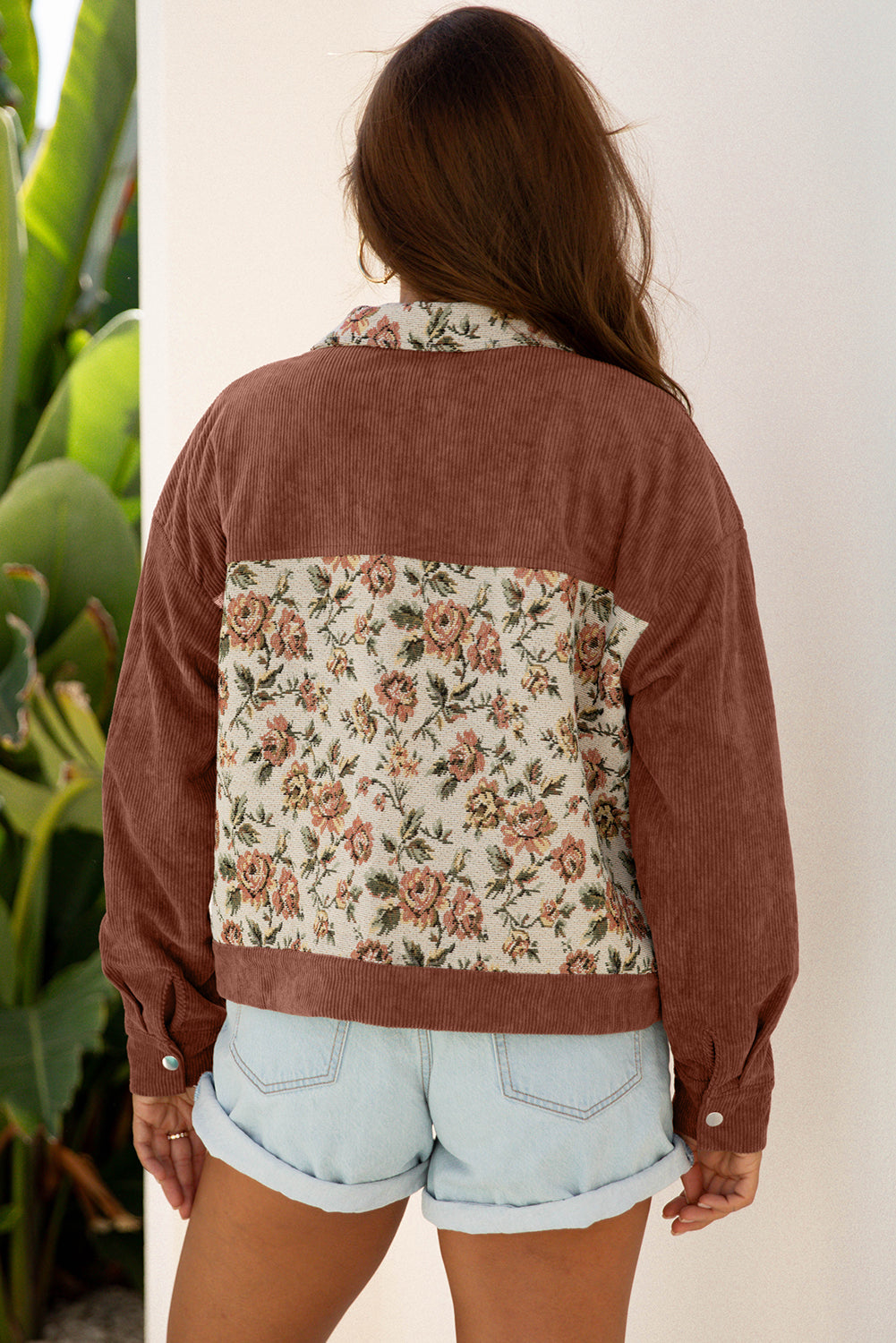 Women’s Fall Jacket – Brown Retro Floral Patchwork Western Shacket with Ribbed Texture