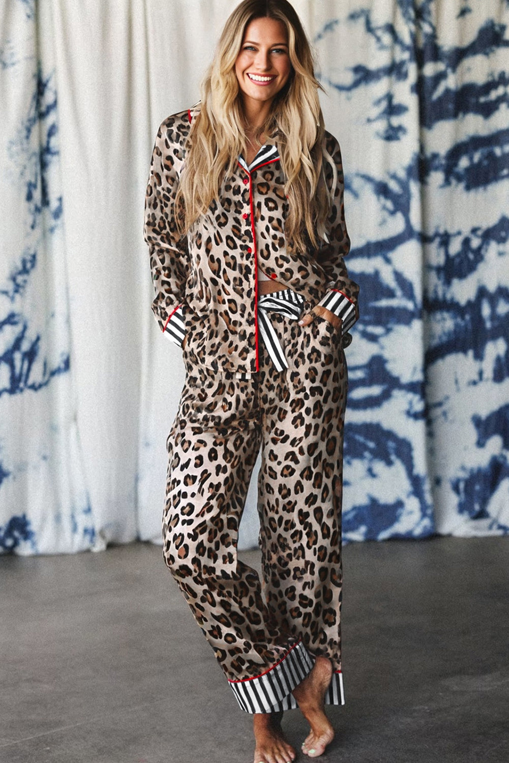 Womens Leopard Print Pajama Set – Colorblock Striped Shirt &amp; Pants, Cozy Lounge Sleepwear