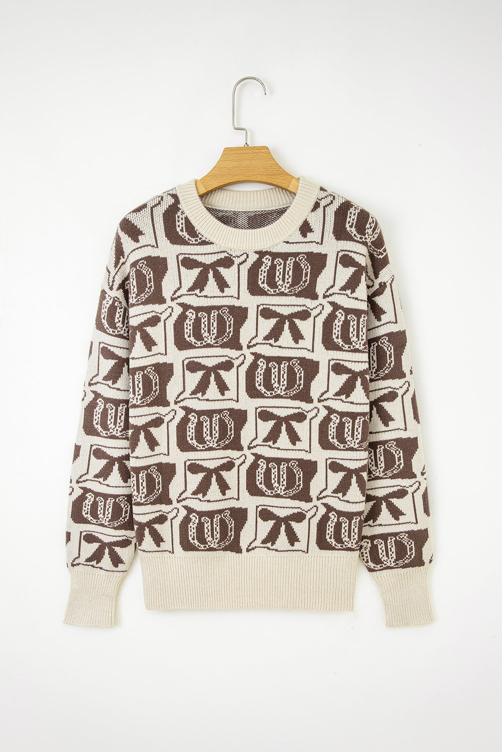 Brown Bows & Horseshoes Western Print Sweater | Cozy Cowgirl Knit Pullover