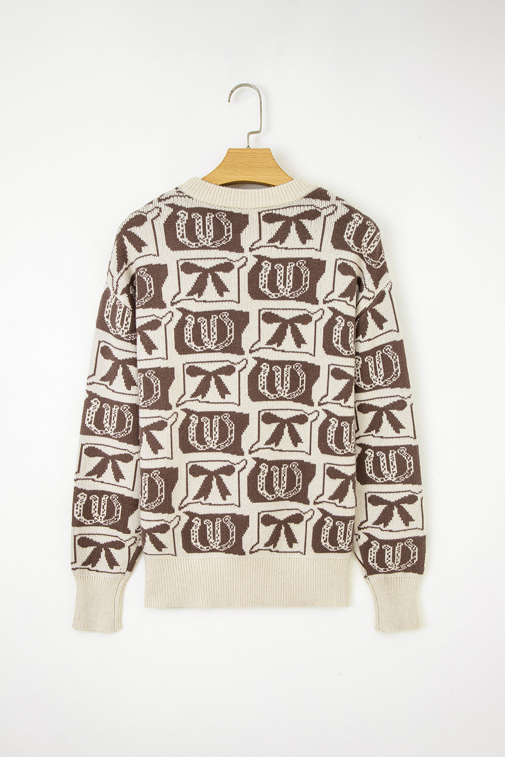 Brown Bows & Horseshoes Western Print Sweater | Cozy Cowgirl Knit Pullover