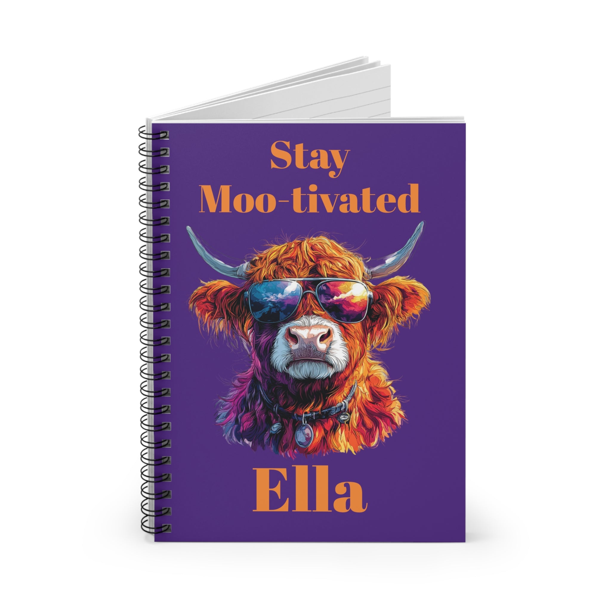 Personalized Highland Cow Notebook, Stay Moo-tivated Purple Spiral Journal, Funny Cow Gift, Back to School Stationery