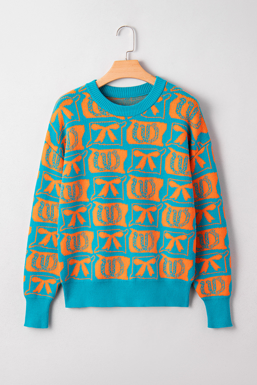Turquoise Western Sweater – Bows & Horseshoes Knit Pullover, Cozy Cowgirl Fashion Top