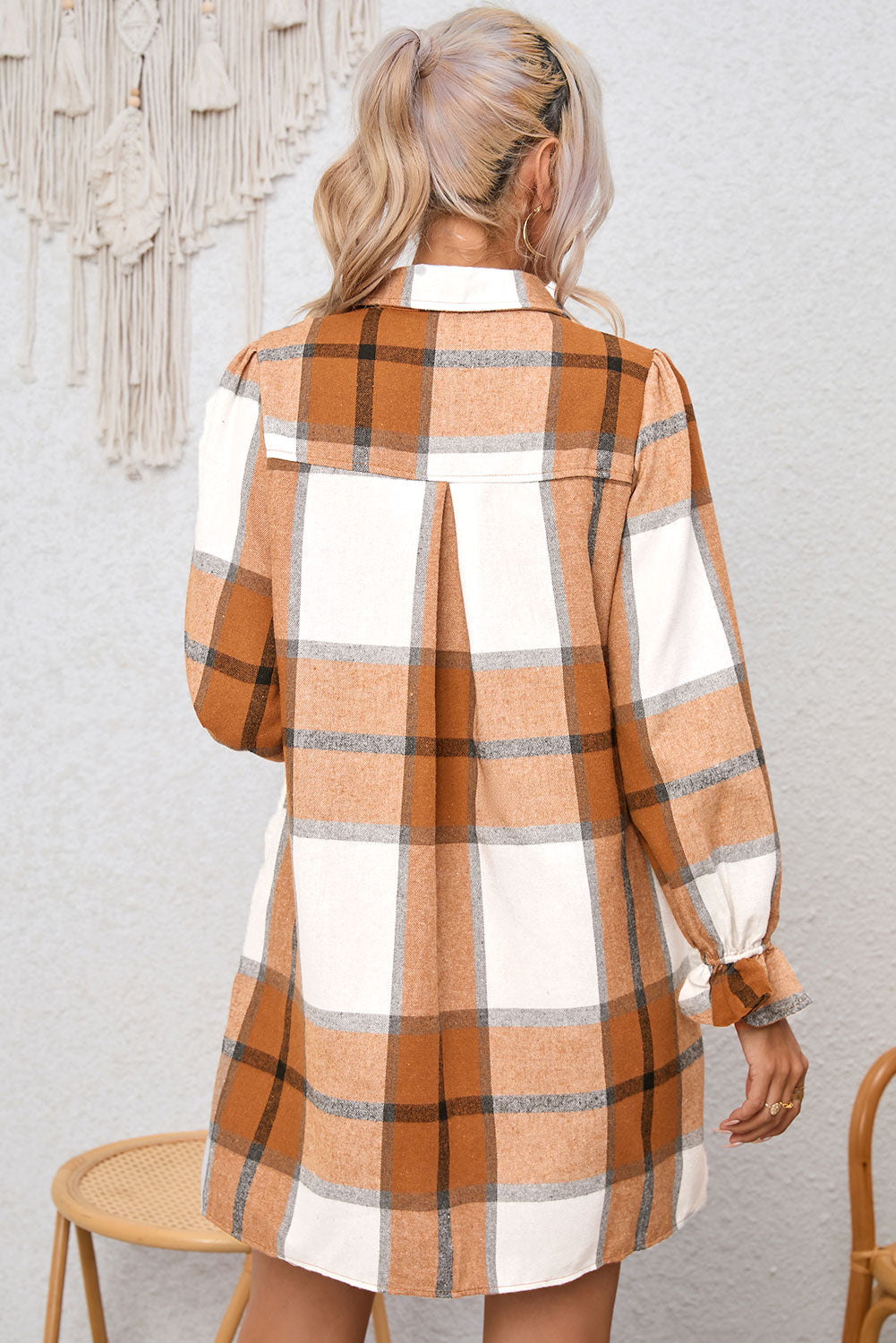 Khaki Plaid Shirt Dress – Ruffled Sleeve Button Up Women’s Fall Dress, Collared Plaid Mini Dress for Autumn Outfits