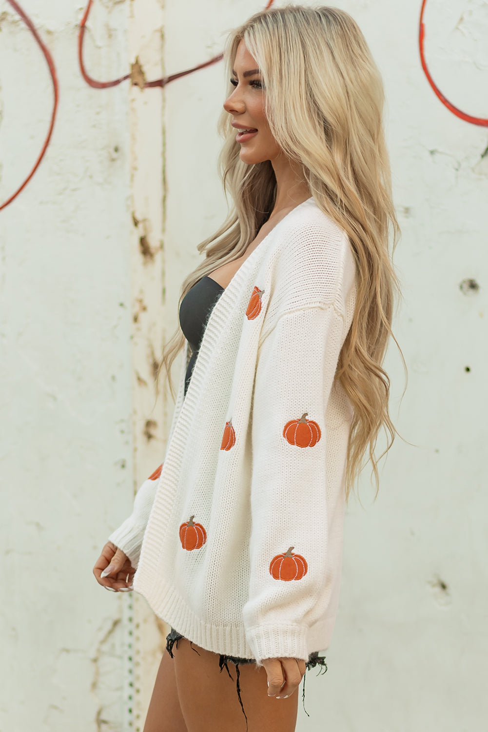 White Pumpkin Print Cardigan – Women’s Open Front Midi Sweater, Drop Shoulder Knit Fall Outfit Layering Piece