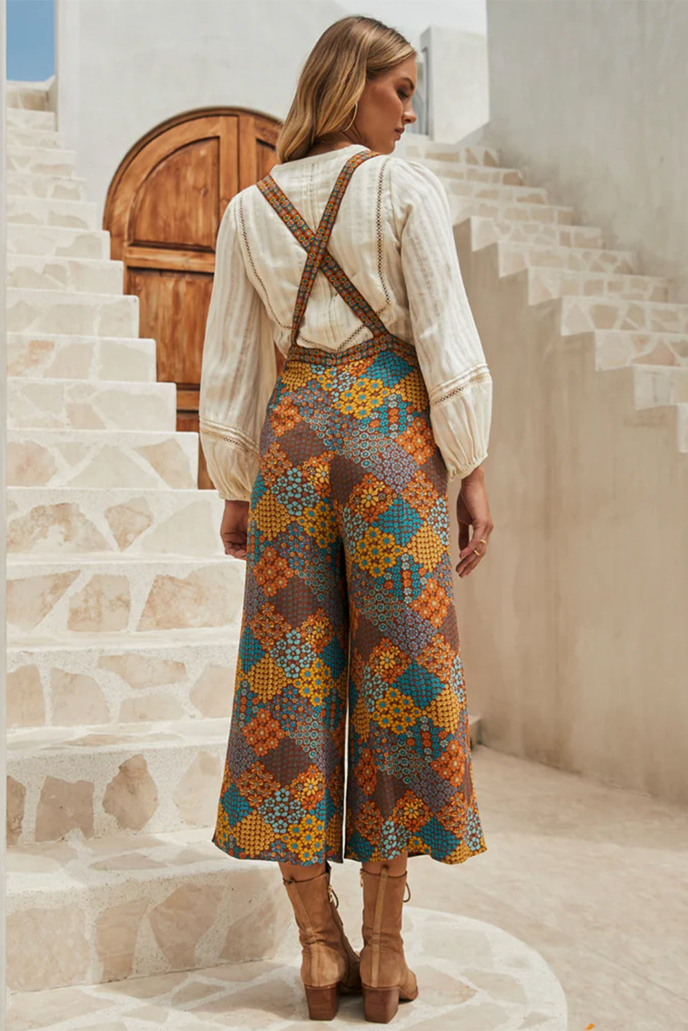 Boho Floral Jumpsuit Overalls | Adjustable Straps & Wide Leg Pants