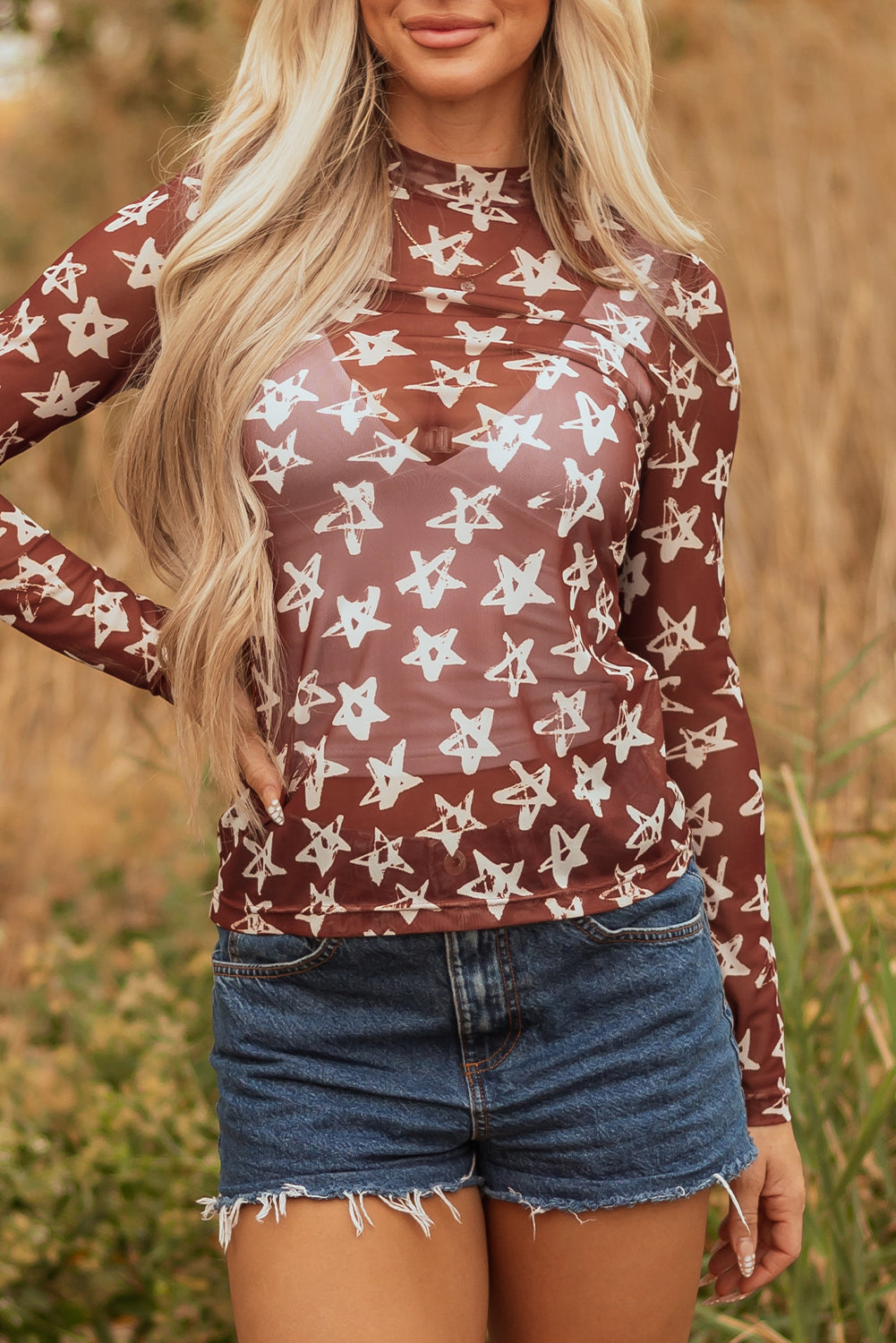 Red Mesh Star Print Mock Neck Top – Sheer Long Sleeve Slim Fit Party Shirt