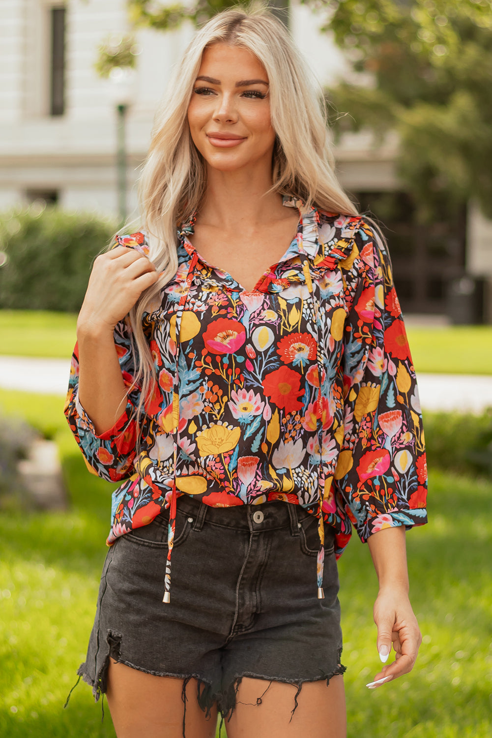 Fall Floral Blouse – Women’s Black Ruffle Neck Tie Top with 3/4 Puff Sleeves