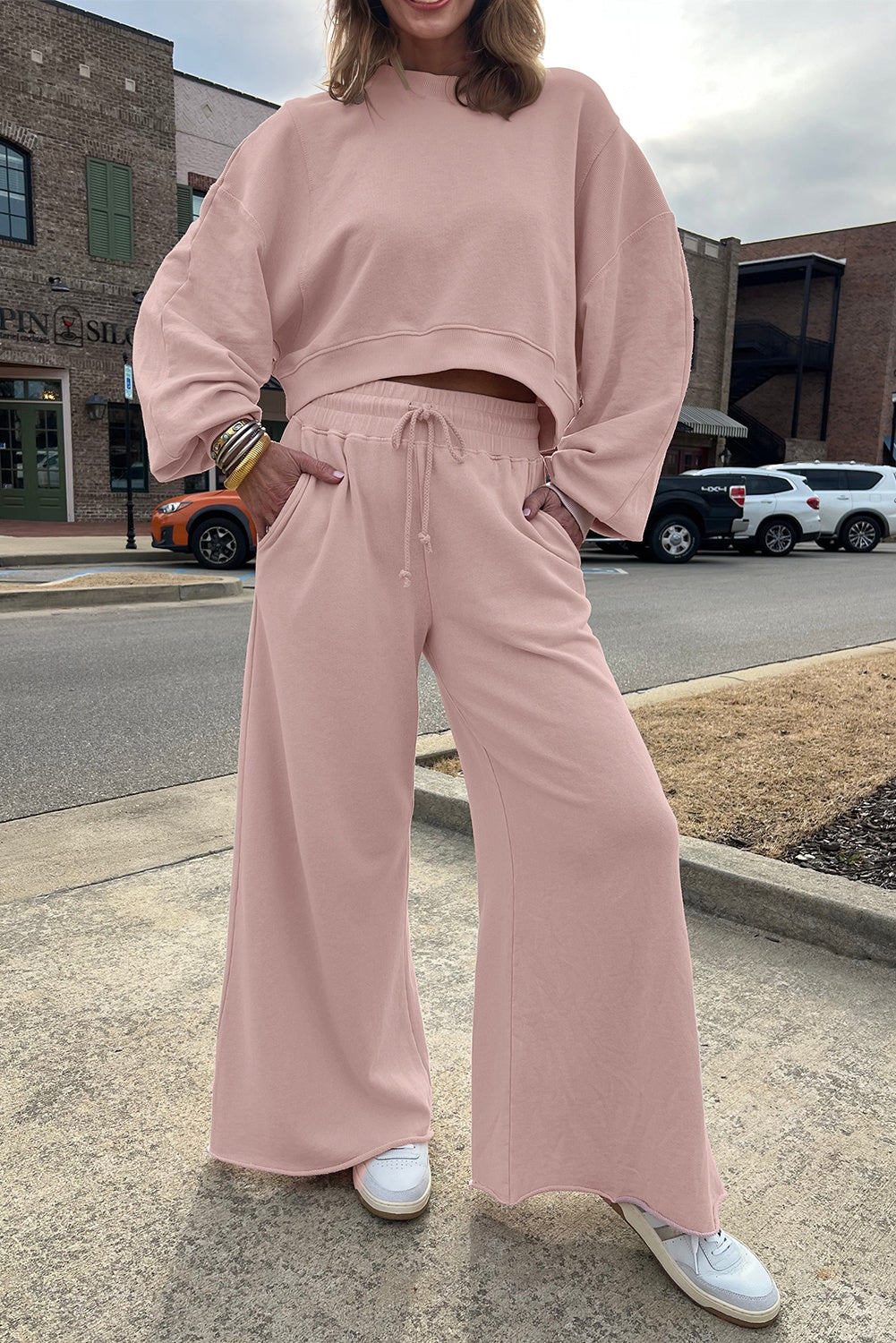 Light Pink Puff Sleeve Crop Top & Pants Set – 2 Piece Women’s Outfit, Drop Shoulder Pullover with Wide Leg Drawstring Pants