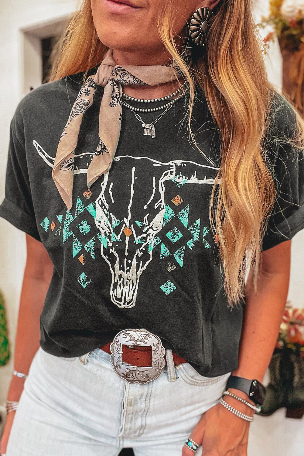 Carbon Grey Western Bull Skull Tee – Turquoise Aztec Cowgirl T-Shirt, Rodeo Summer Outfit