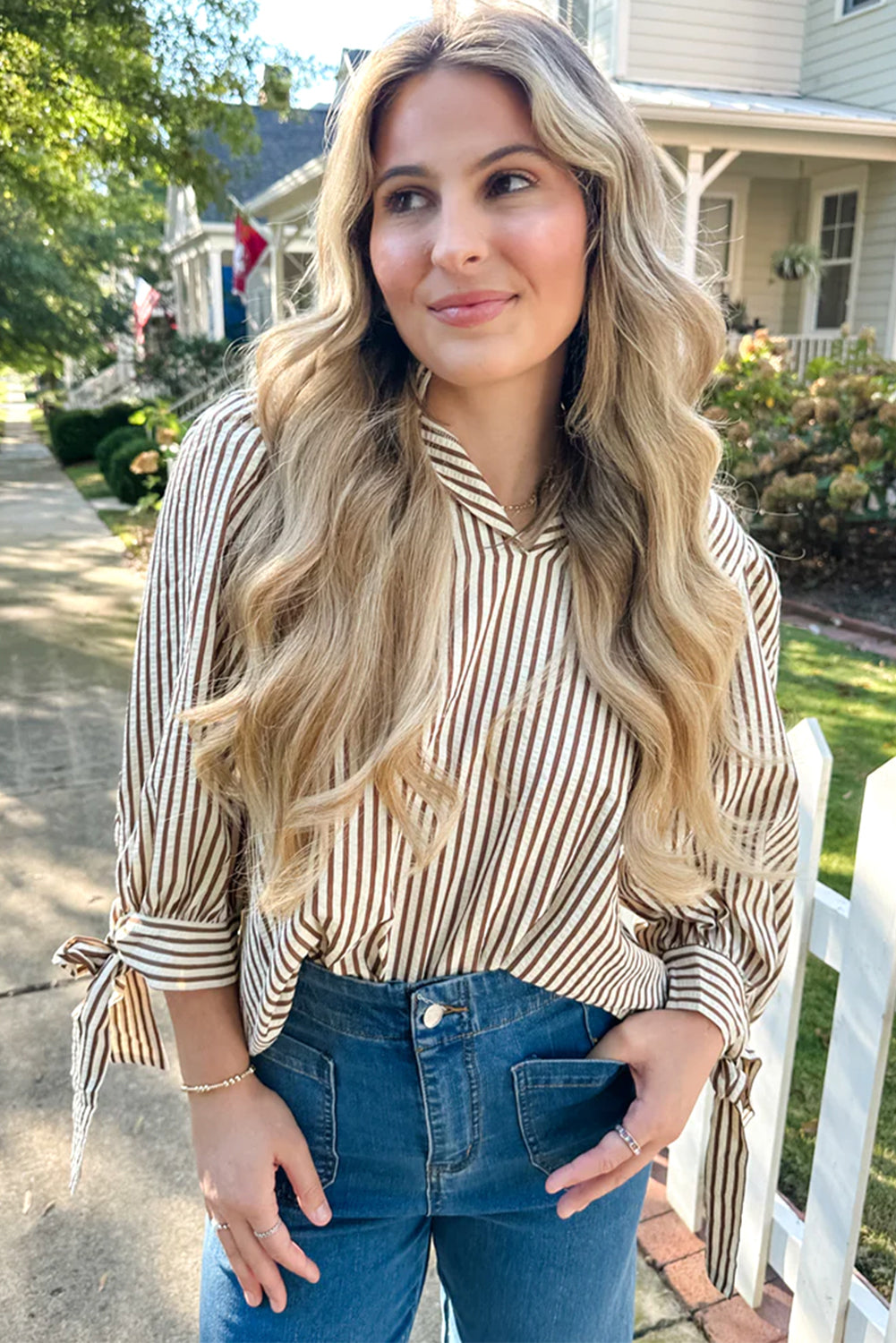 Fall Yellow Striped Blouse – Women’s Seersucker Split Neck Top with Tied Cuff Sleeves