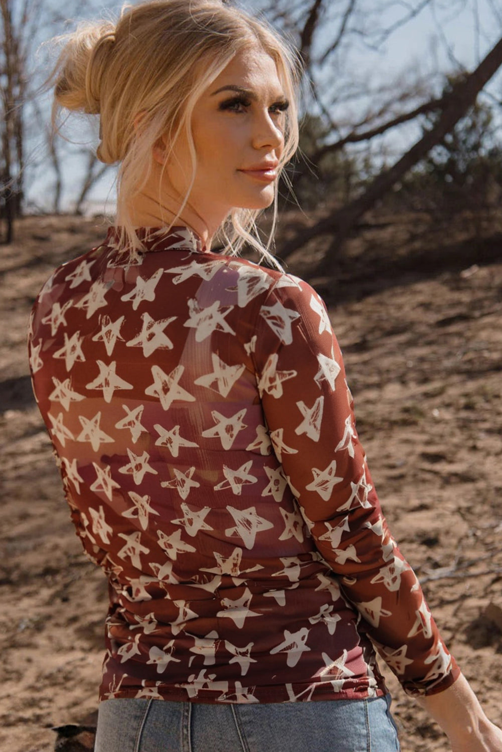 Red Mesh Star Print Mock Neck Top – Sheer Long Sleeve Slim Fit Party Shirt