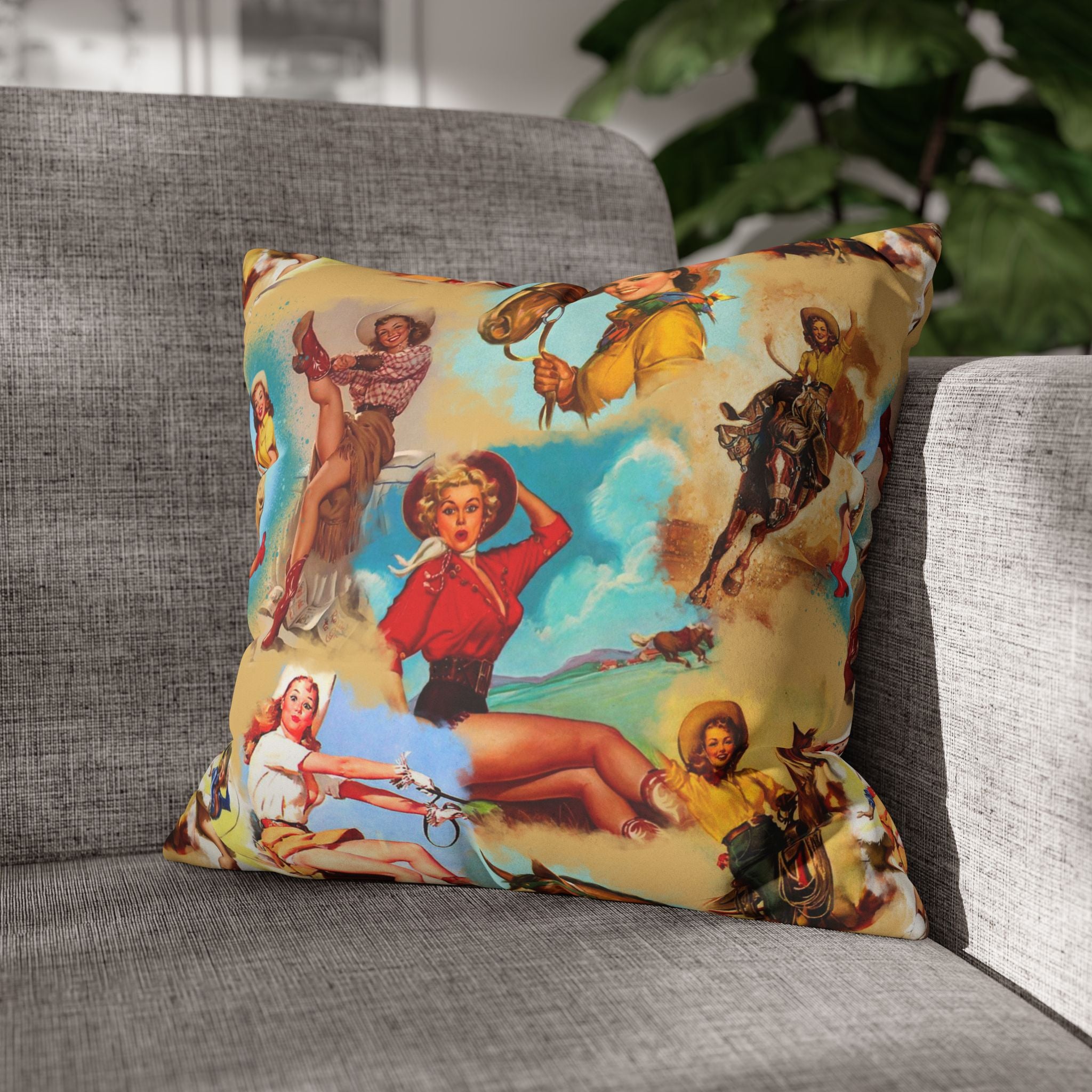 Western VINTAGE Cowgirl Throw Pillow Cover, Retro Western Decor Accent