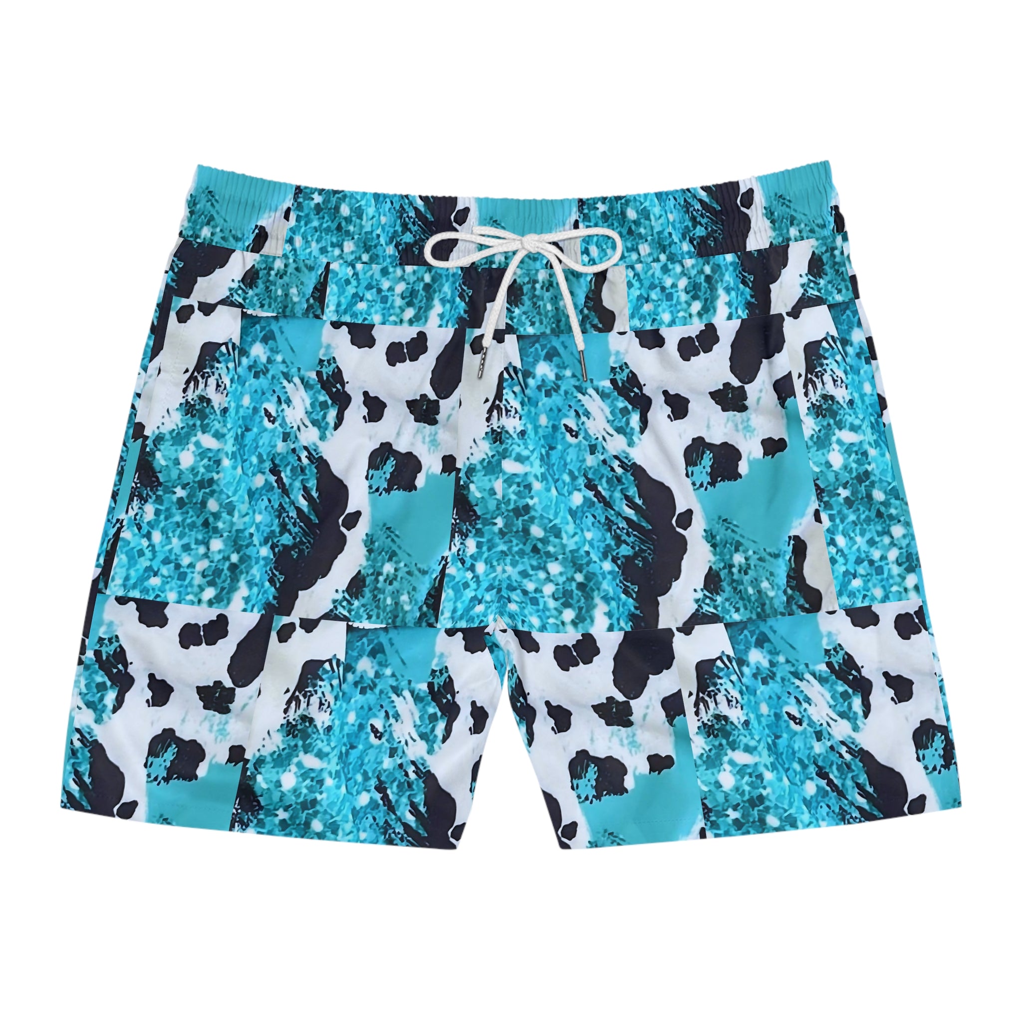 Mens Western Cowprint Swim Trunks, Turquoise Black White Swim Shorts, Matching Family Swimwear, Cowboy Beach Shorts, Made to Order
