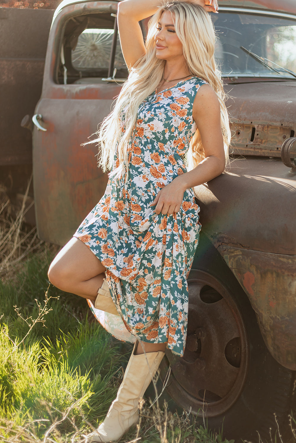 Green Floral Print Tie Waist Long Dress | Sleeveless V-Neck Tiered Maxi Dress