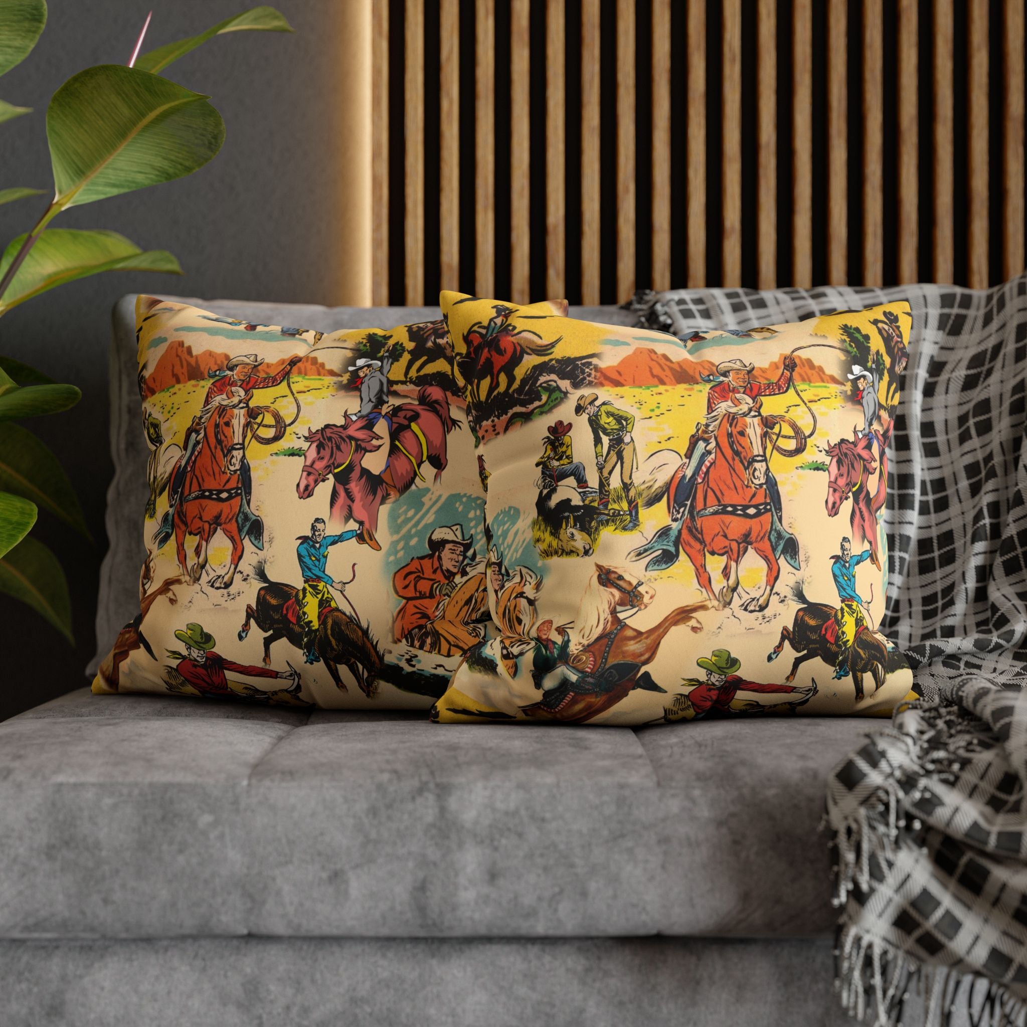 Vintage Cowboy Pillow Cover, Western Faux Suede Cushion Case, Rustic Cowboy Decor