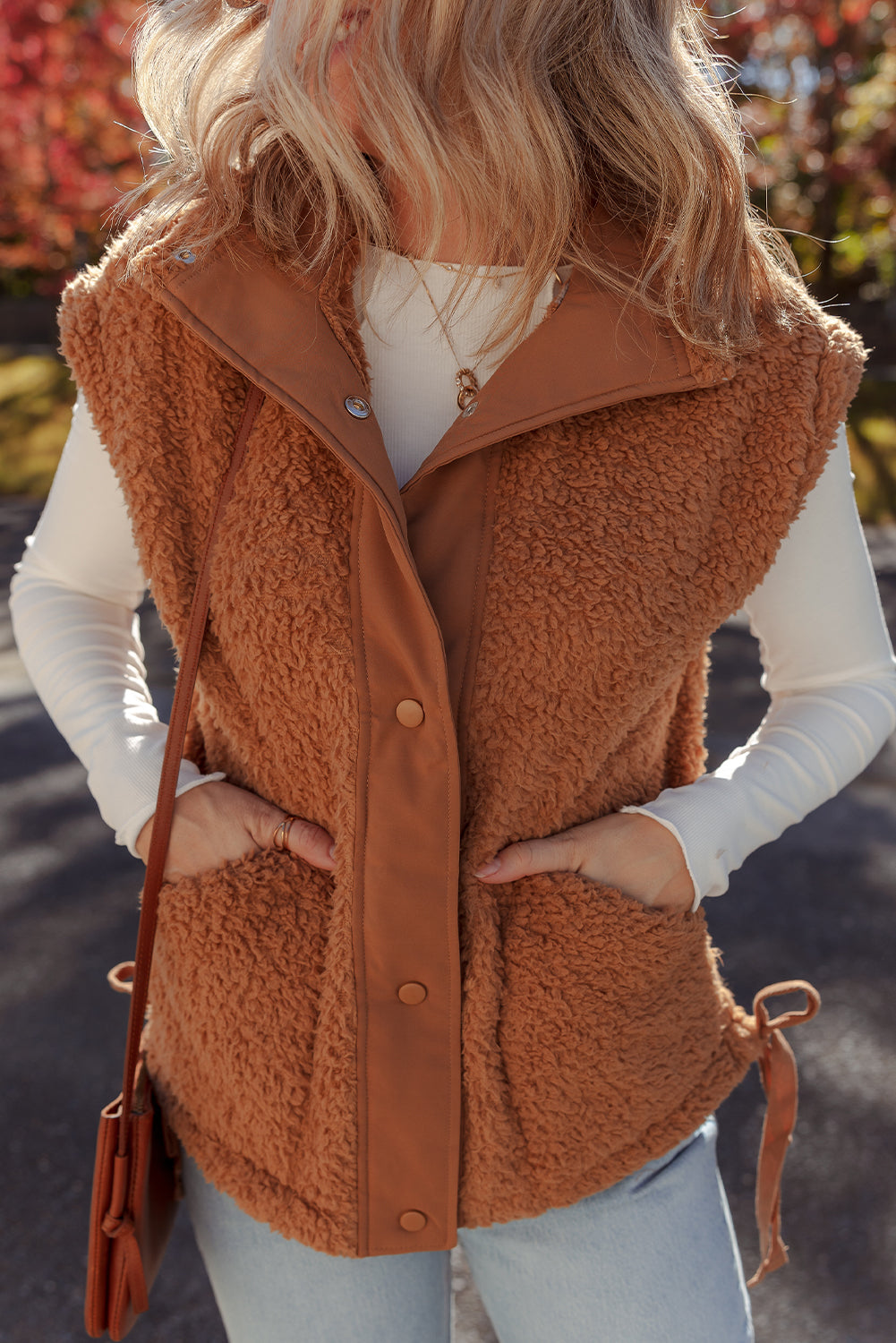 Cinnamon Faux Fur Vest – Snap Button Front Knot Side Plush Vest with Pockets, Cozy Layering Women’s Fall & Winter Fashion Outerwear