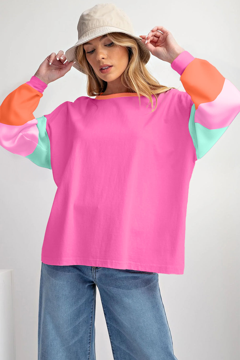 Women's Casual pullover Rose Red Colorblock Patchwork Long Sleeve Loose Top