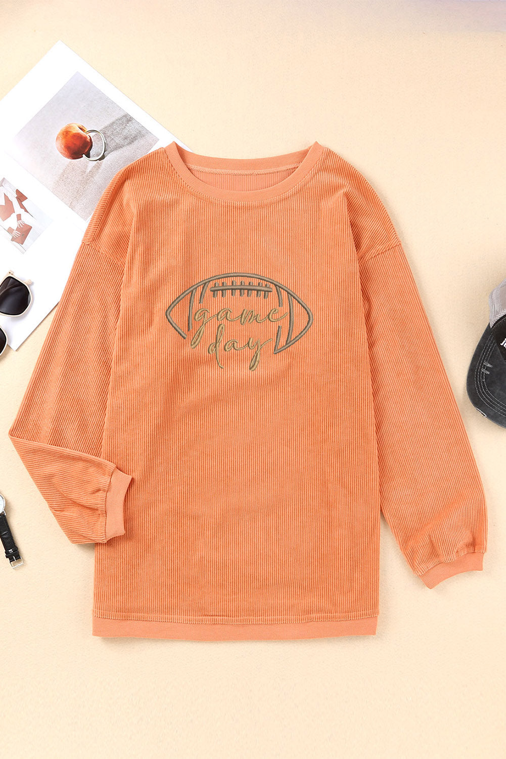 Orange Game Day Corduroy Sweatshirt – Embroidered Football Pullover, Oversized Fall & Winter Gameday Outfit Women’s Cozy Ribbed Top
