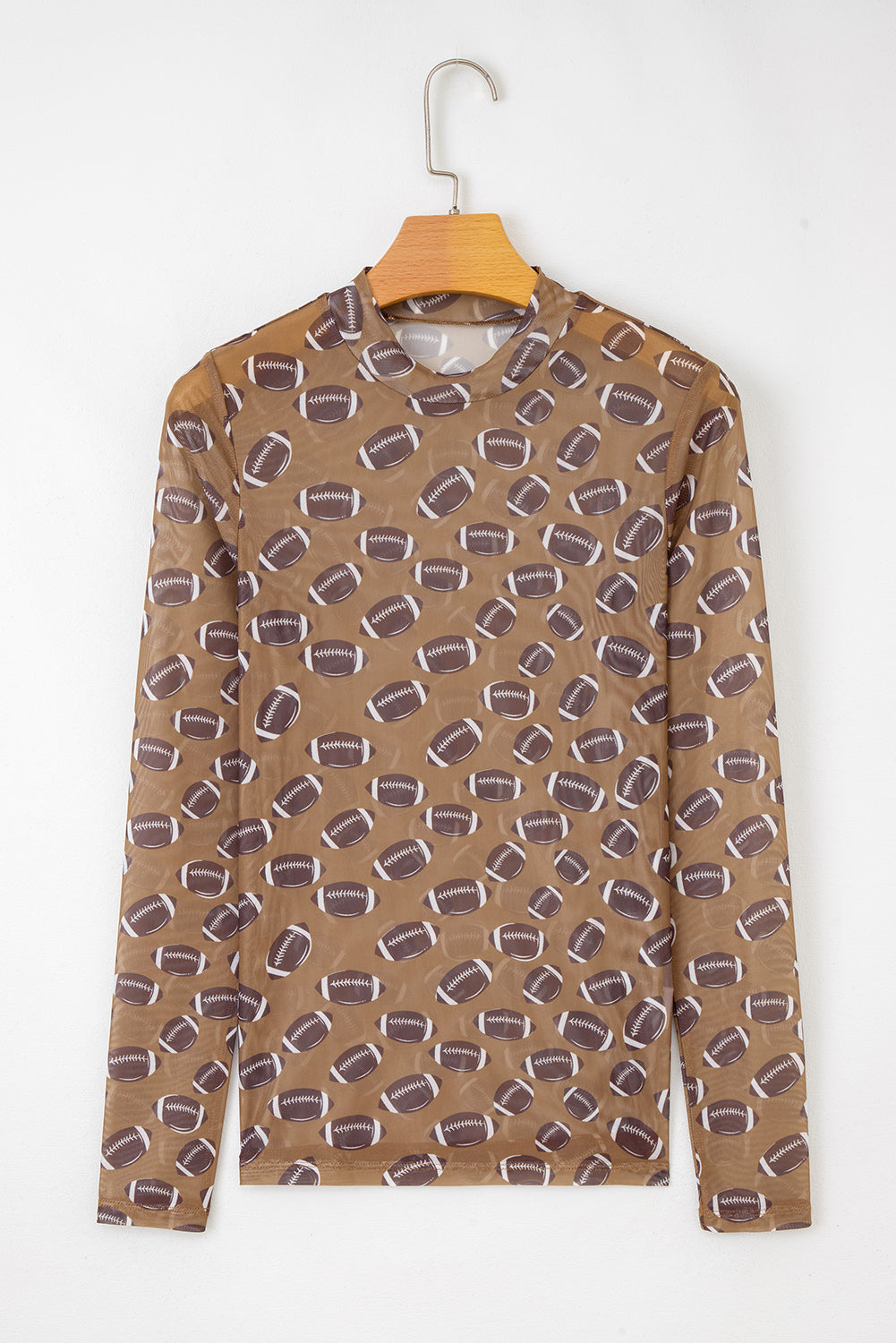 Brown Football Mesh Top, Womens Game Day Sheer Long Sleeve Shirt, Sexy Mock Neck Football Print Top, Sporty Tailgate Outfit