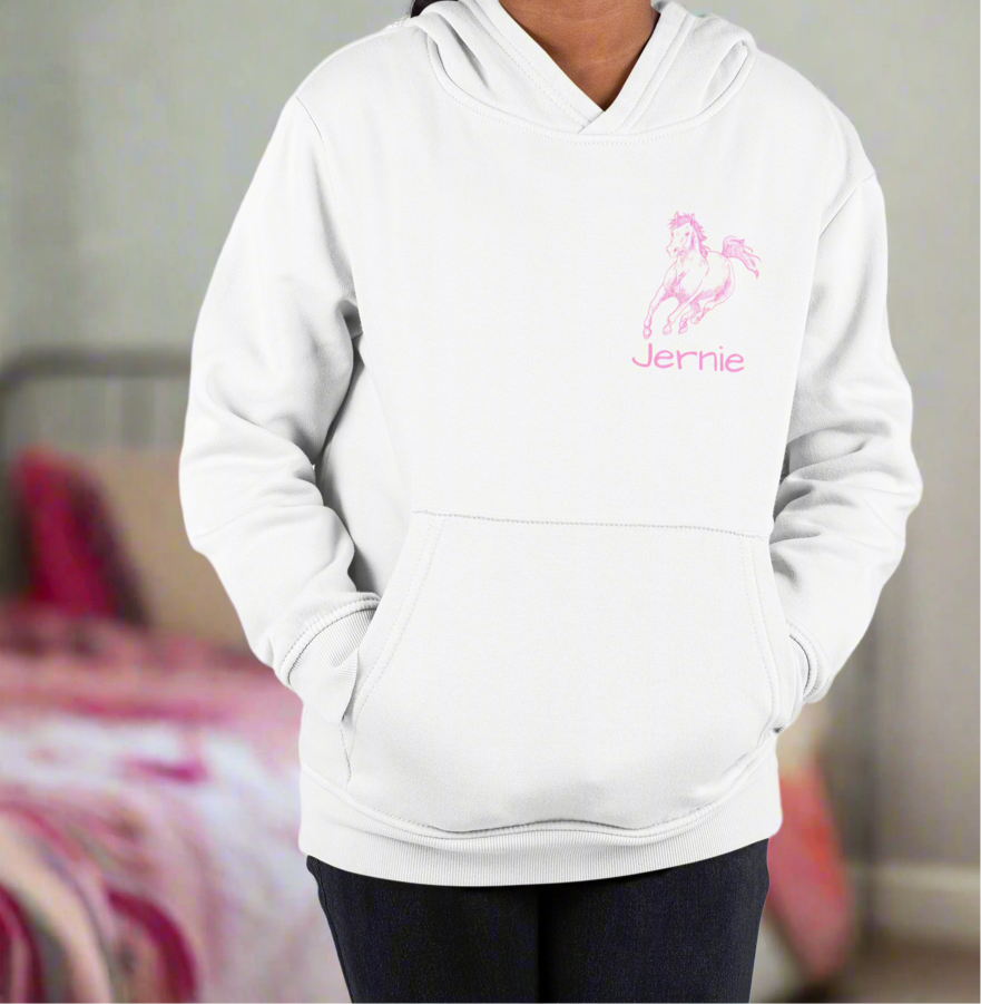Custom Girls Horse Hoodie, Personalized Youth Sweatshirt, Pink Horse Gift, Equestrian Kids Pullover, Cowgirl Hoodie, Name Added
