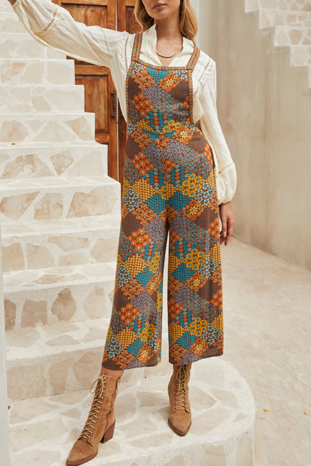 Boho Floral Jumpsuit Overalls | Adjustable Straps & Wide Leg Pants