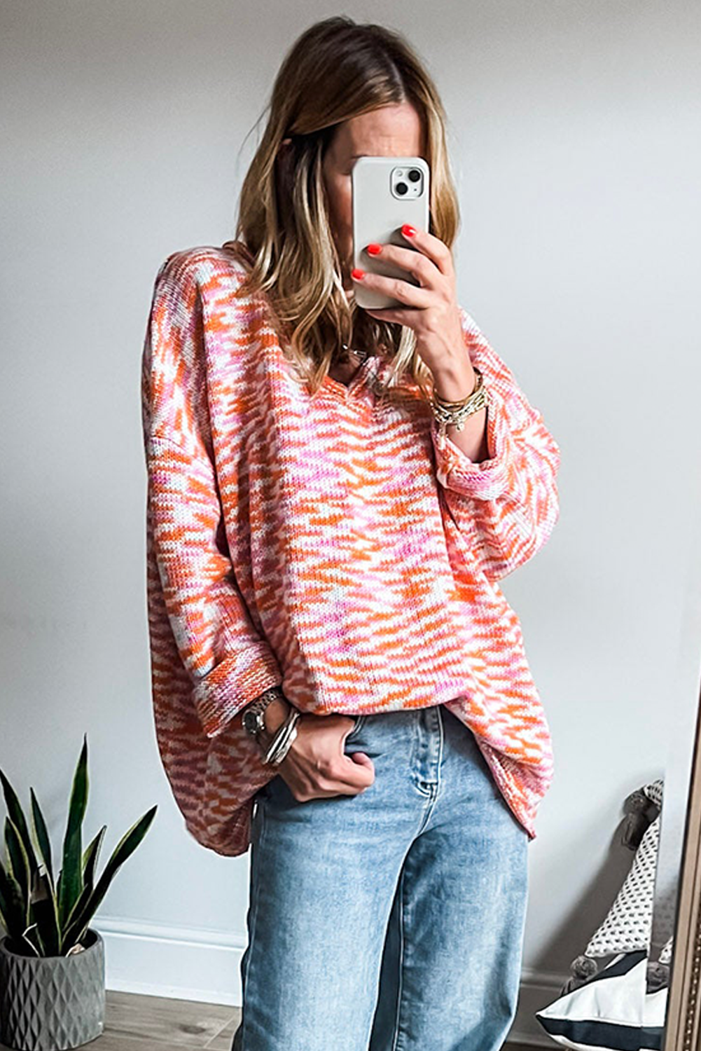 Women’s Orange Oversized Sweater – Fall Abstract Print V-Neck Drop Shoulder Tunic