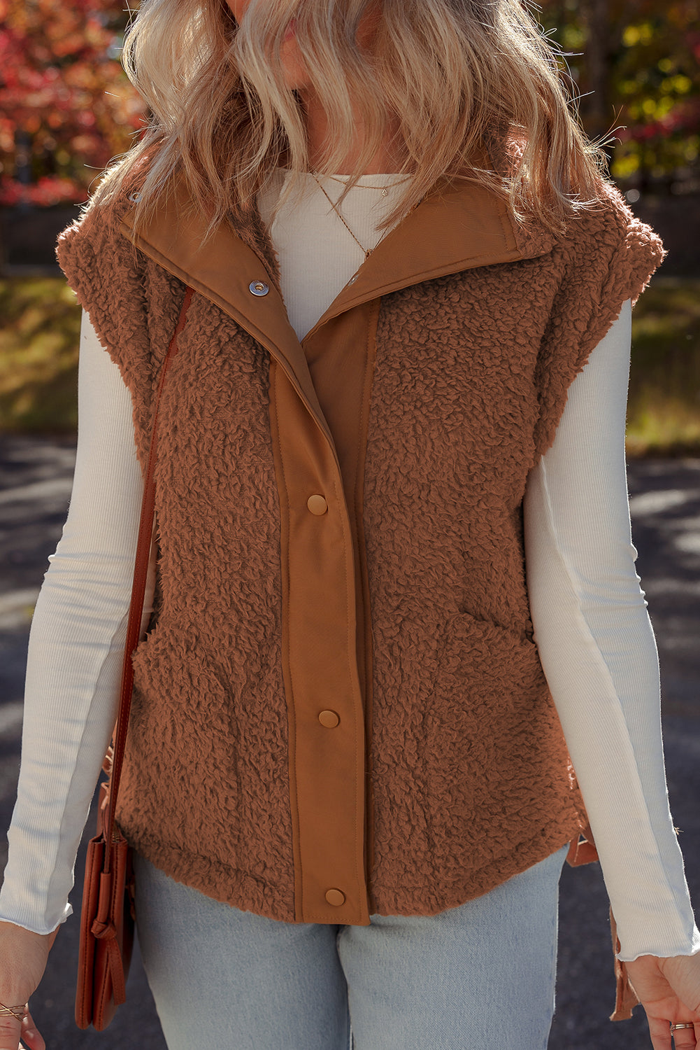 Cinnamon Faux Fur Vest – Snap Button Front Knot Side Plush Vest with Pockets, Cozy Layering Women’s Fall & Winter Fashion Outerwear