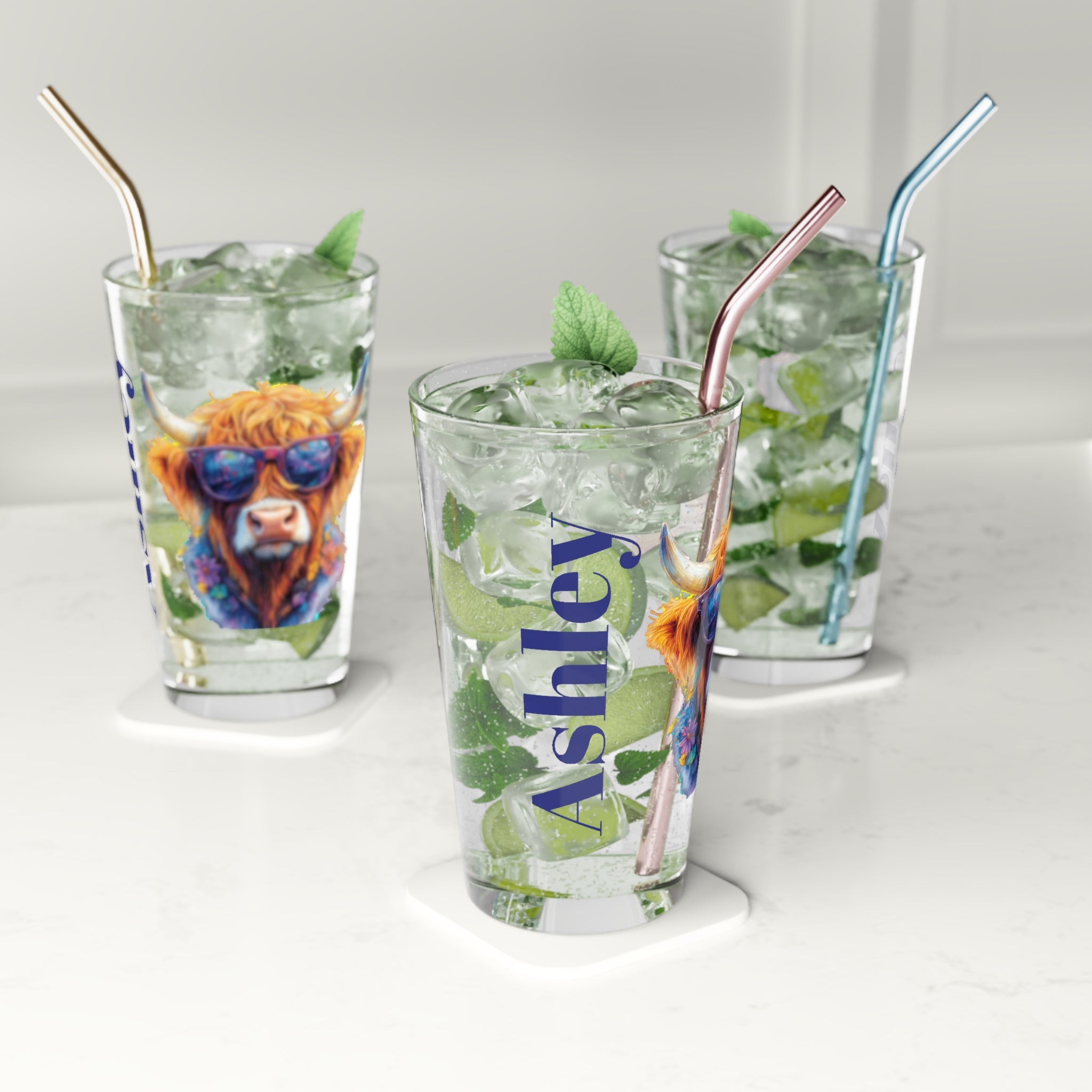 Personalized Highland Cow Pint Glass, Floral Cow with Sunglasses, Custom Name Glass, Cute Cowgirl Gift, Funny Beer Glass for Summer Parties
