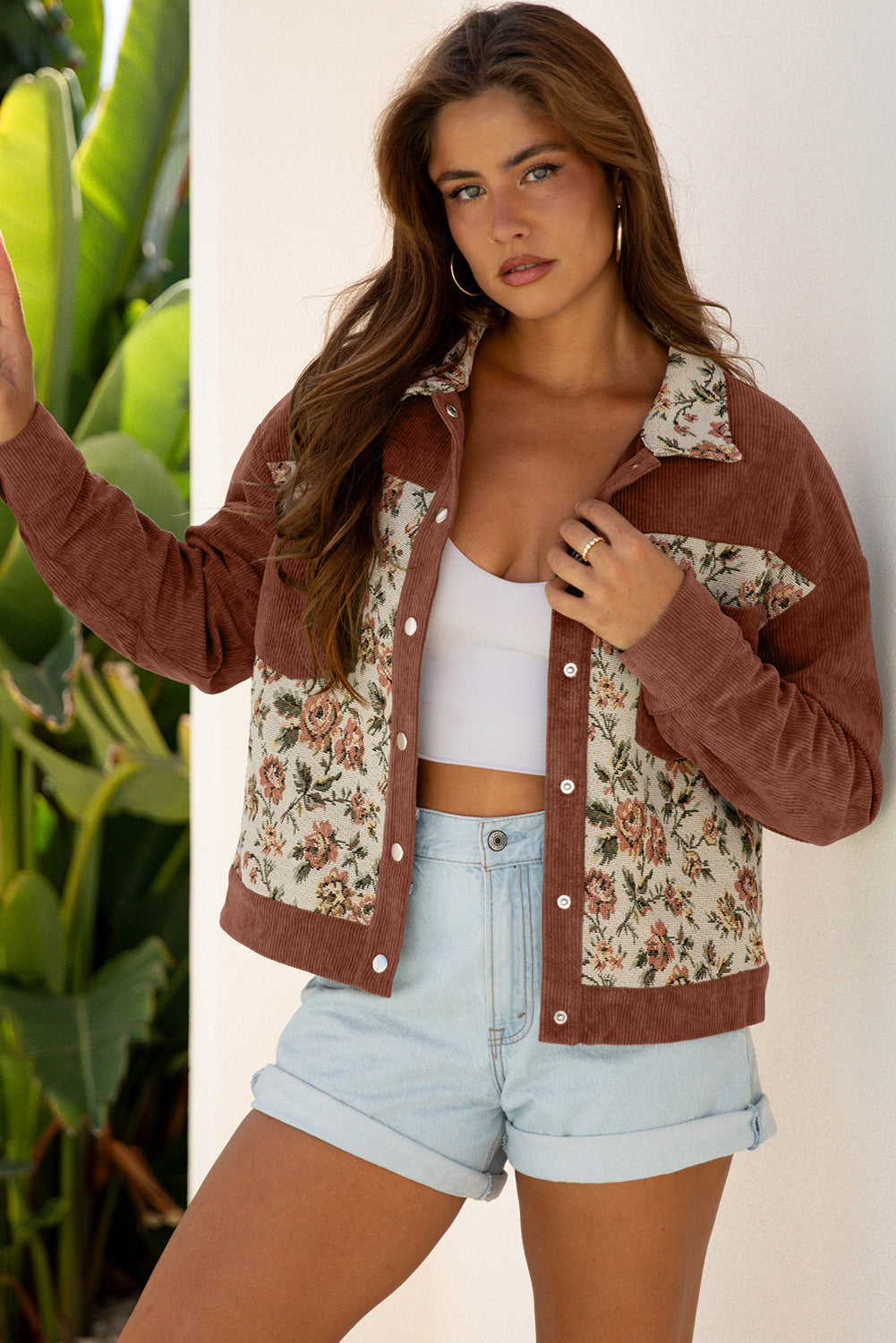 Women’s Fall Jacket – Brown Retro Floral Patchwork Western Shacket with Ribbed Texture