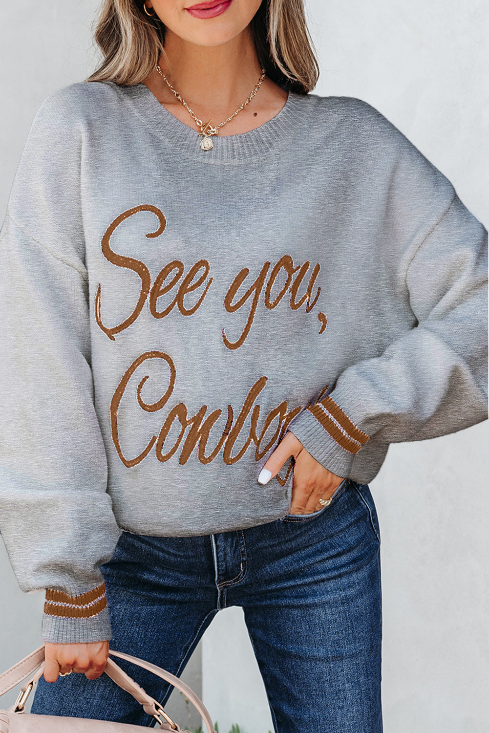 Light Grey “See You Cowboy” Embroidered Western Sweater | Oversized Drop Shoulder Graphic Pullover