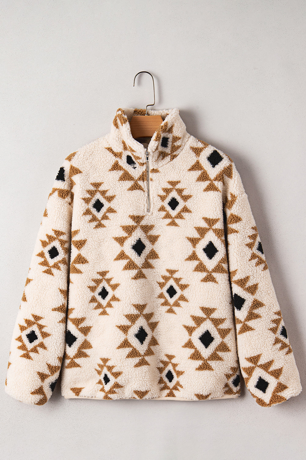 Khaki Aztec Sherpa Quarter Zip Sweatshirt – Cozy Western Print Pullover, Warm Fleece Half Zip Women’s Fall & Winter Casual Top