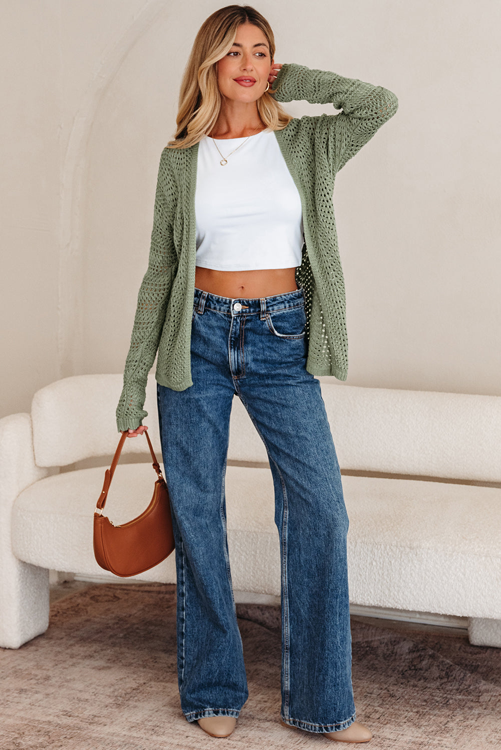 Green Batwing Sleeve Cardigan – Scalloped Edge Eyelet Knit Sweater, Lightweight Spring & Fall Layering Top