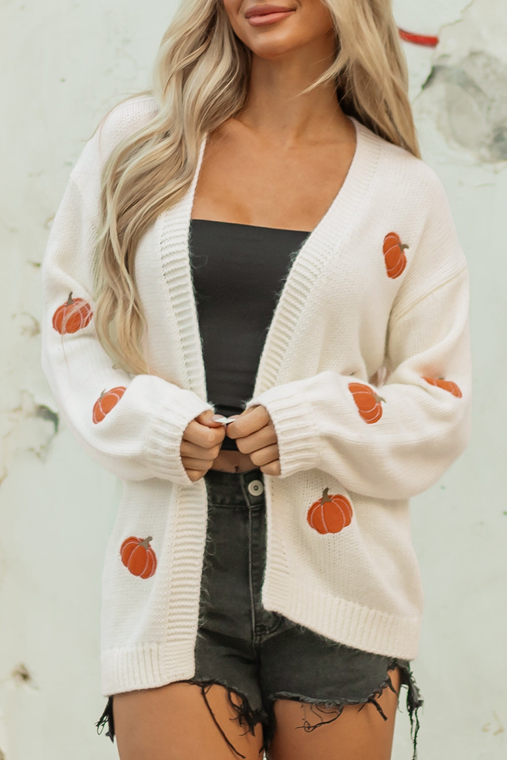 White Pumpkin Print Cardigan – Women’s Open Front Midi Sweater, Drop Shoulder Knit Fall Outfit Layering Piece