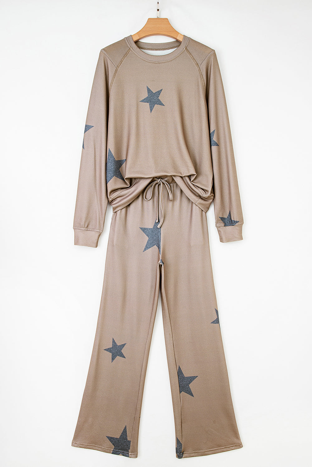 Cowgirl Pajamas, Khaki Retro Star Print Loose Long Sleeve Drawstring Wide Leg 2pcs Fall Lounge Set