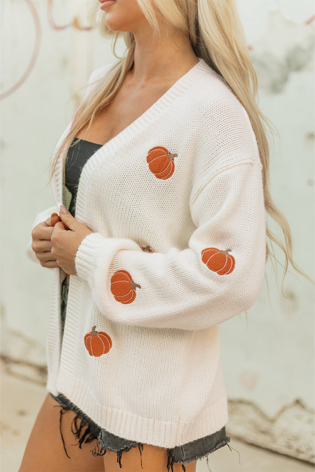 White Pumpkin Print Cardigan – Women’s Open Front Midi Sweater, Drop Shoulder Knit Fall Outfit Layering Piece