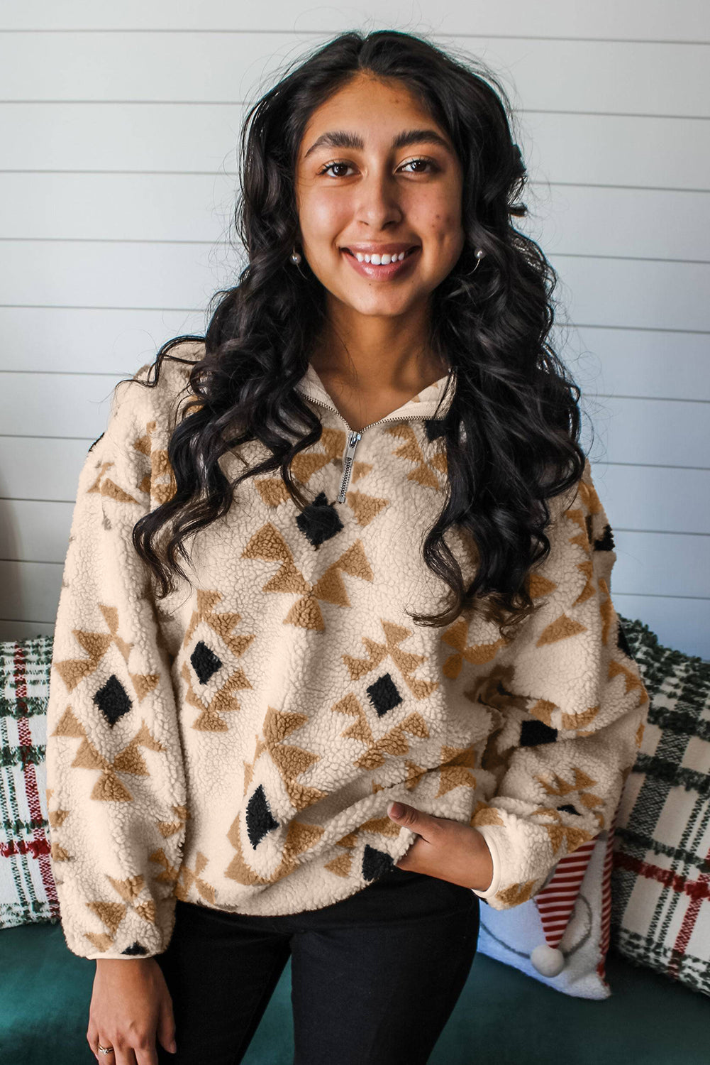 Khaki Aztec Sherpa Quarter Zip Sweatshirt – Cozy Western Print Pullover, Warm Fleece Half Zip Women’s Fall & Winter Casual Top