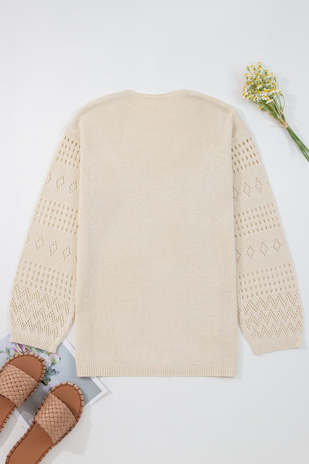 Beige Knit Cardigan Sweater, Hollowed Open Front Cardigan, Lightweight Knit Sweater Women, Solid Color Long Cardigan, Cozy Layering Sweater