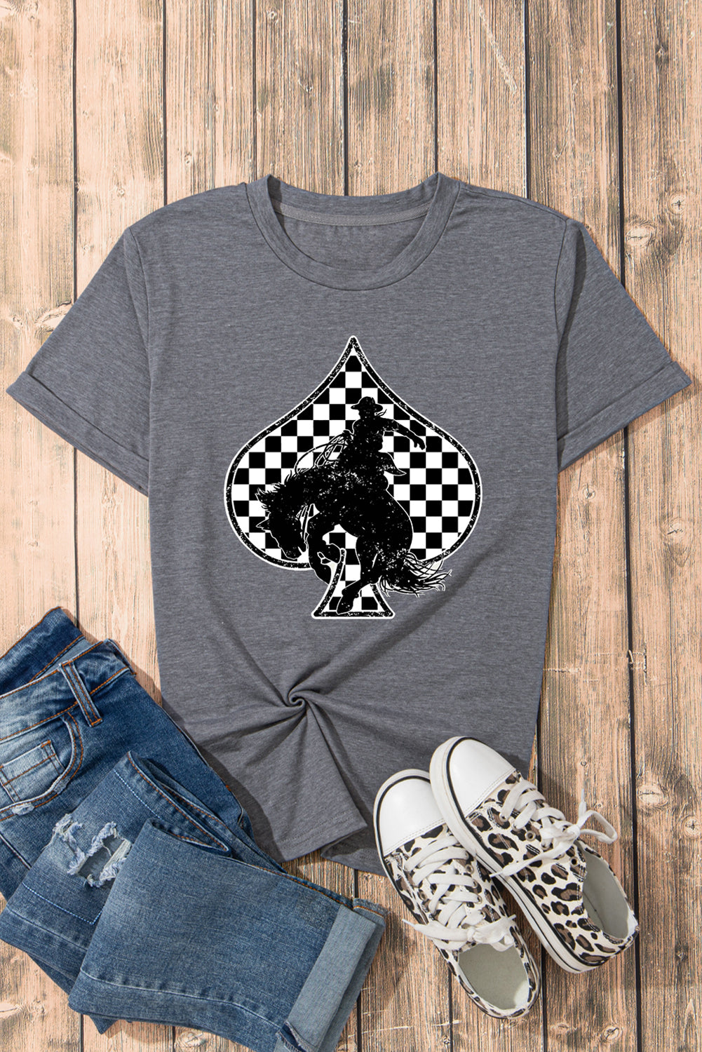 Gray Rodeo Poker T-Shirt | Western Bucking Horse Tee with Checkered Spades Graphic