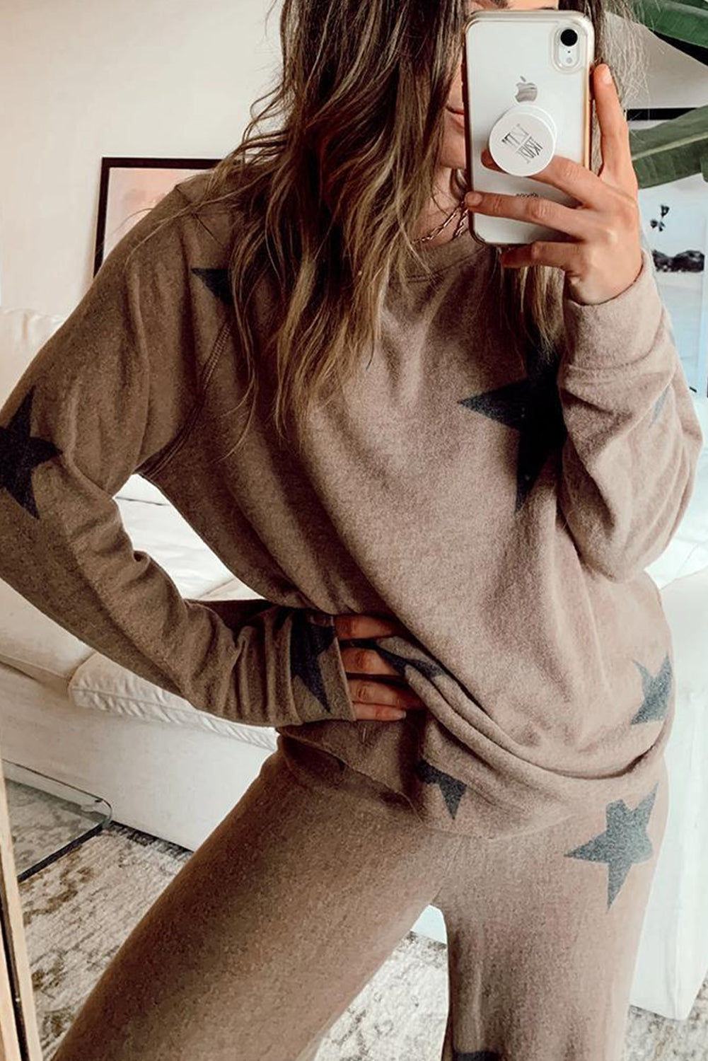 Cowgirl Pajamas, Khaki Retro Star Print Loose Long Sleeve Drawstring Wide Leg 2pcs Fall Lounge Set