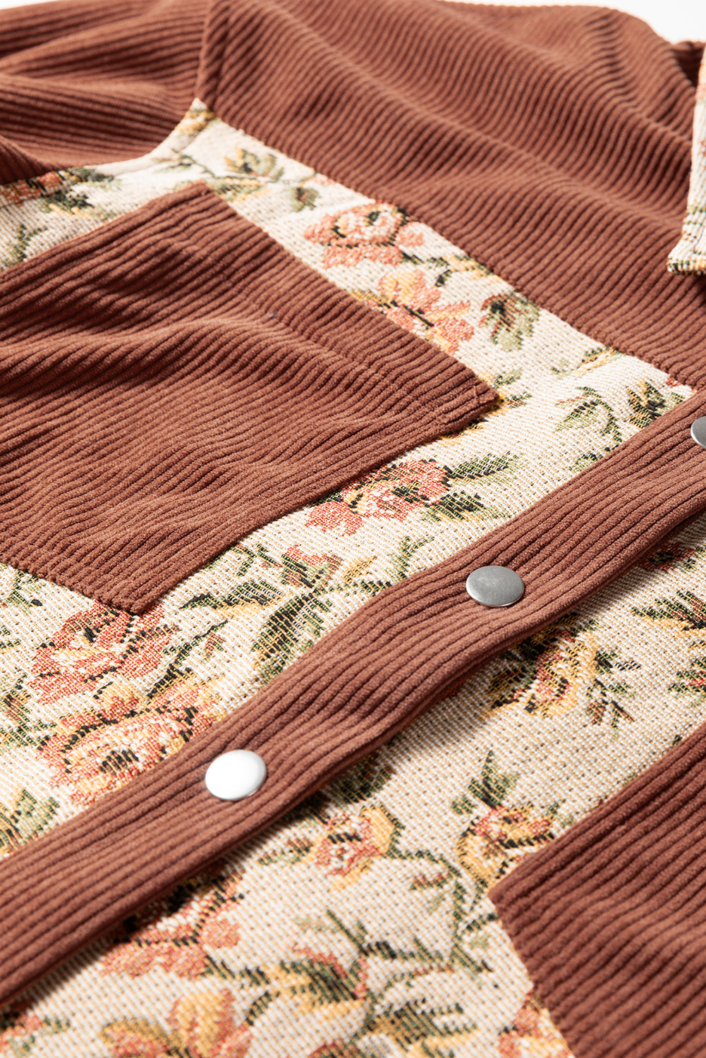 Women’s Fall Jacket – Brown Retro Floral Patchwork Western Shacket with Ribbed Texture
