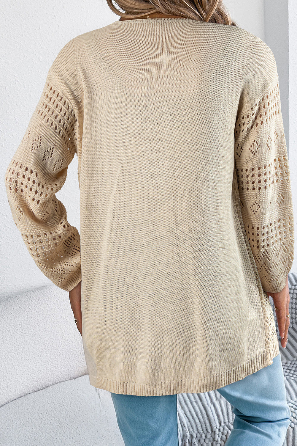 Beige Knit Cardigan Sweater, Hollowed Open Front Cardigan, Lightweight Knit Sweater Women, Solid Color Long Cardigan, Cozy Layering Sweater