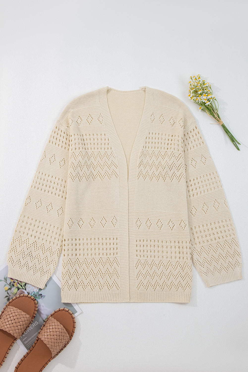 Beige Knit Cardigan Sweater, Hollowed Open Front Cardigan, Lightweight Knit Sweater Women, Solid Color Long Cardigan, Cozy Layering Sweater