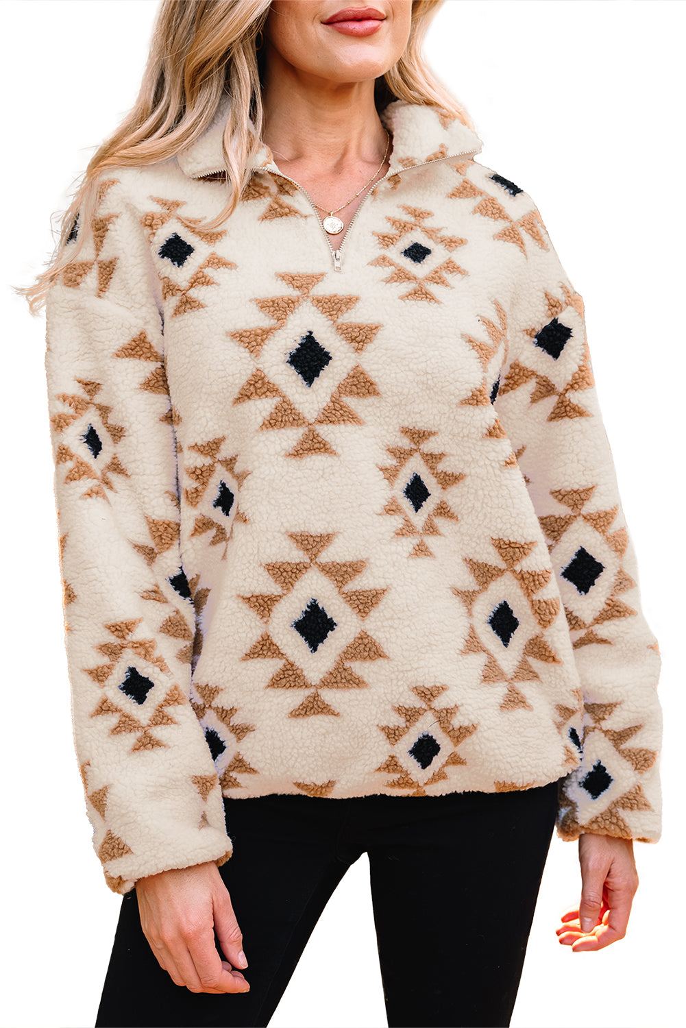 Khaki Aztec Sherpa Quarter Zip Sweatshirt – Cozy Western Print Pullover, Warm Fleece Half Zip Women’s Fall & Winter Casual Top