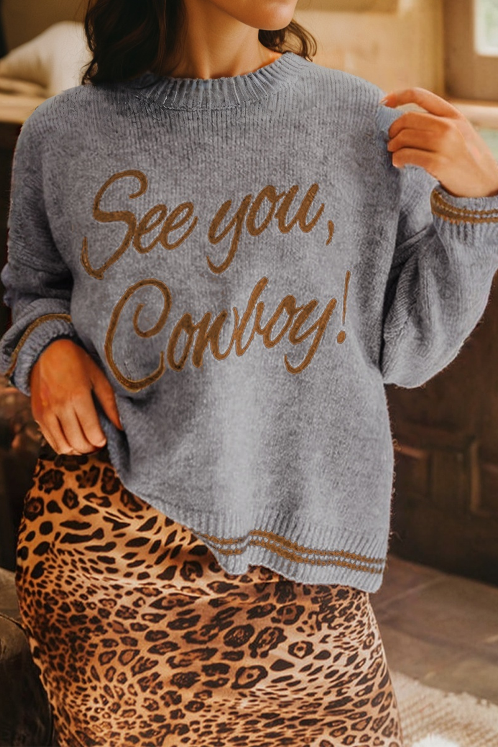 Light Grey “See You Cowboy” Embroidered Western Sweater | Oversized Drop Shoulder Graphic Pullover