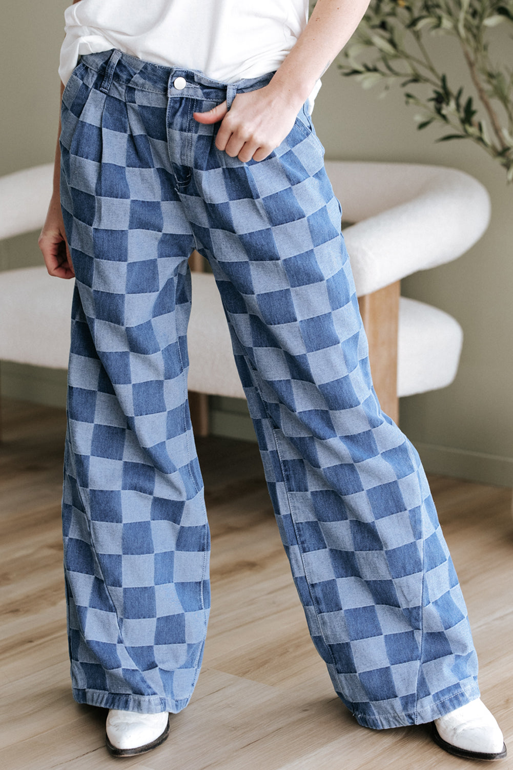 Blue Checkered Wide Leg Jeans – Retro Plaid Denim Pants, Women’s Casual High Waist Wide Leg Jeans with Pleats
