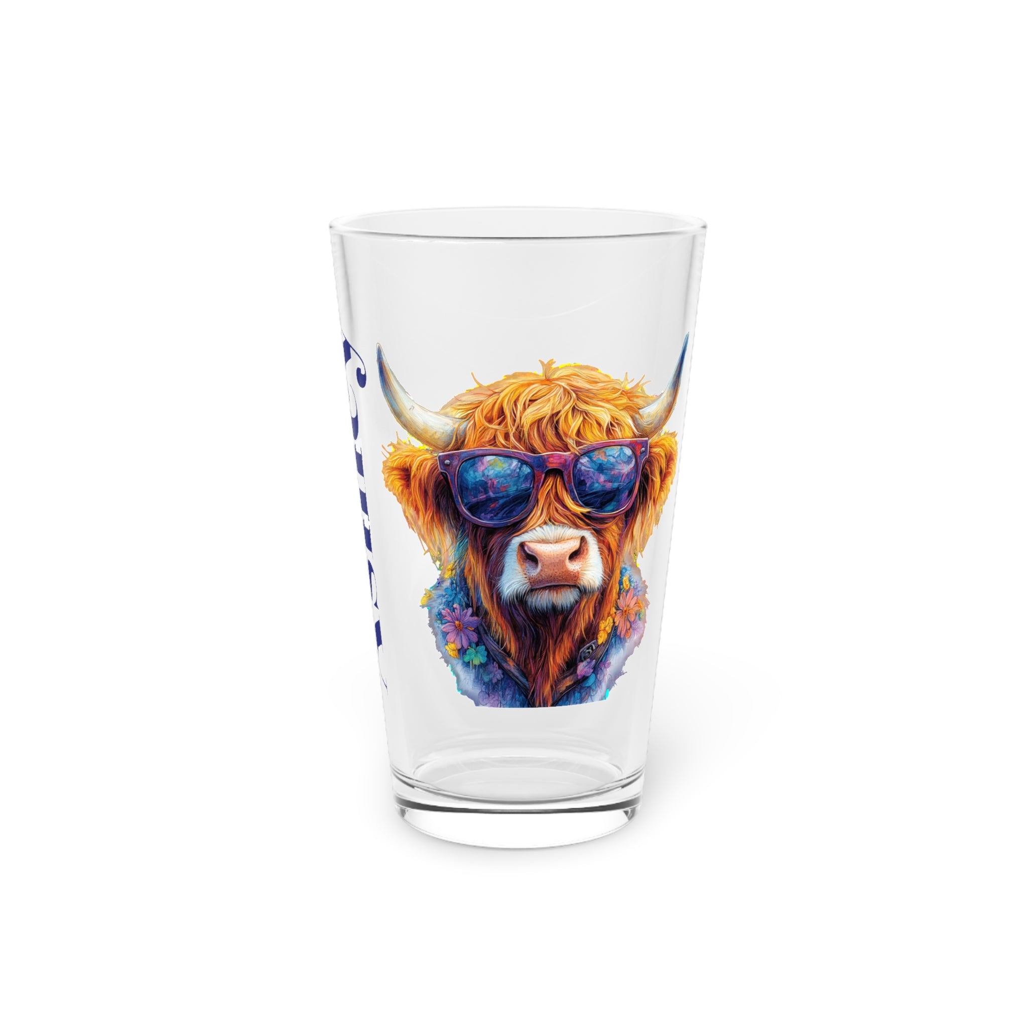 Personalized Highland Cow Pint Glass, Floral Cow with Sunglasses, Custom Name Glass, Cute Cowgirl Gift, Funny Beer Glass for Summer Parties