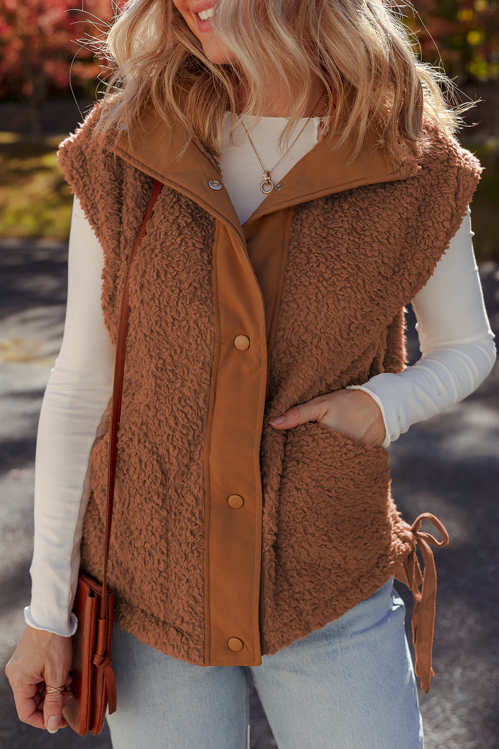 Cinnamon Faux Fur Vest – Snap Button Front Knot Side Plush Vest with Pockets, Cozy Layering Women’s Fall & Winter Fashion Outerwear